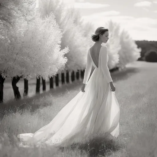 Prompt: Infrared photography, monochrome photography,gorgeous woman in a field, wearing long gown,ethereal,trees, white fence, Hasselblad, photoshoot for vogue