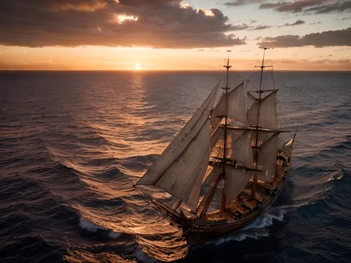 Prompt: Photorealistic close-up of a single Spanish caravel sailing at dramatic sunset, goonies, detailed rigging and sails, realistic ocean waves, historical maritime, vibrant sunset colors, high quality, photorealistic, dramatic lighting, detailed craftsmanship, intense atmosphere
