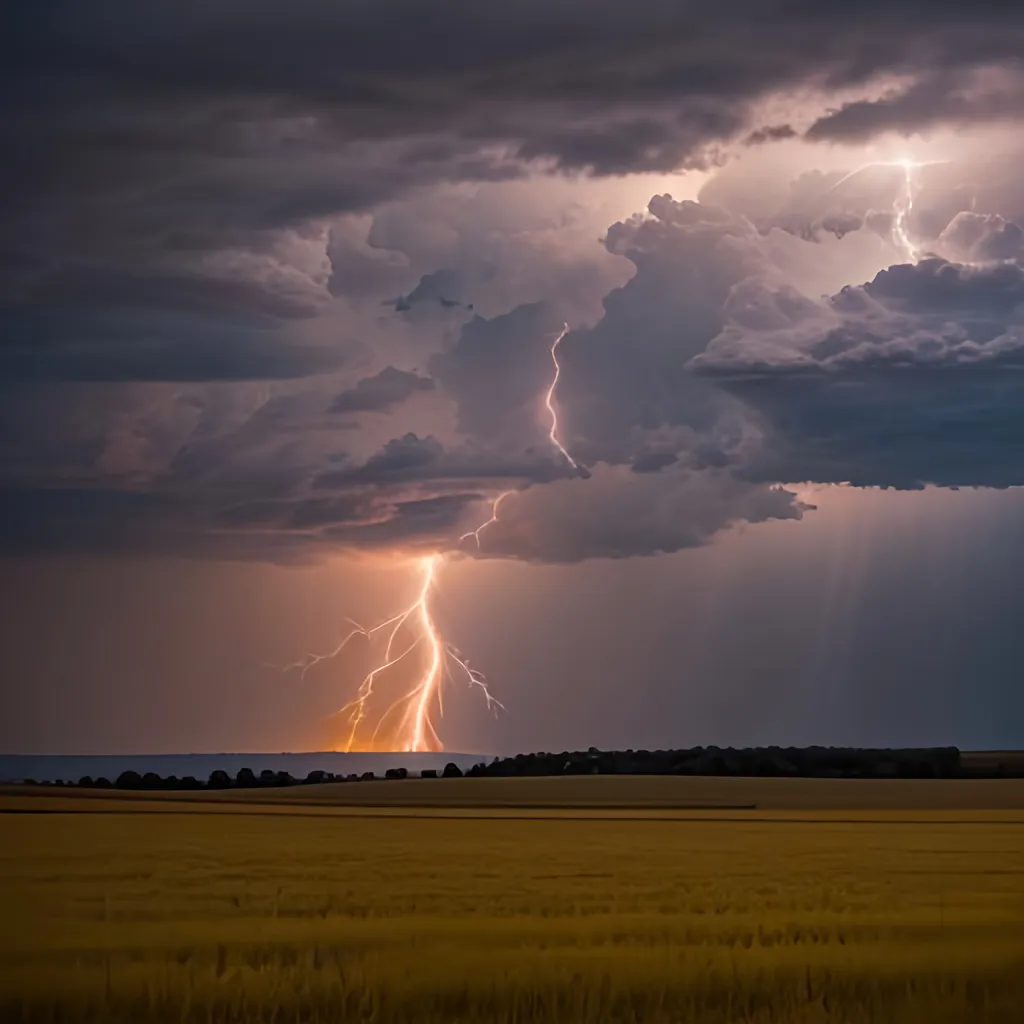 Prompt: Landscape Photograph with a wide Kansas field, an immense cloud with flashing lightning fire, surrounded by brilliant light, god rays. The center of flashing light fire looked like glowing metal, dramatic light, glowing (white top of clouds). Leica M6, high resolution, intricate details, photoshop, color corrected, 8k