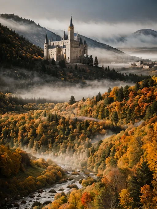 Prompt: Gothic castle in distant foggy valley, tall tower, fall vegetation, dry tones, dramatic lighting, sunshine, realistic, 4k, Utah, Nikon z 50mm ,drone view, detailed architecture, atmospheric fog, river winding through valley, gothic style, majestic view, epic landscape, breathtaking scenery, medieval vibes, golden-hour lighting