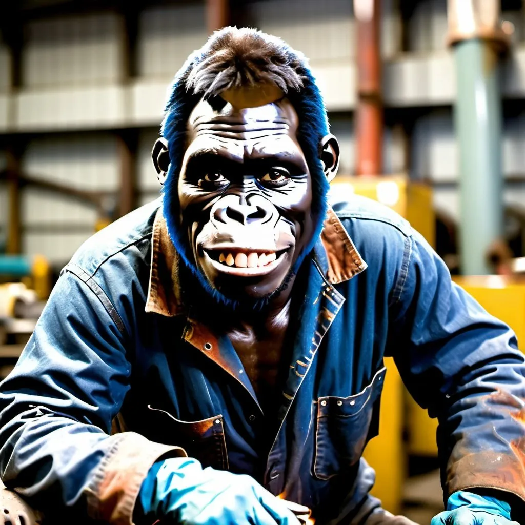 Prompt: A half human half gorilla man, a shredded body welder that he welding pipe with oil and gas background smiling and looking at the camera. Shot with a professional DSLR camera and a prime lens for sharp and detailed imagery. showcasing his professionalism. angle take is vertical aspect ratio and 6 feet away