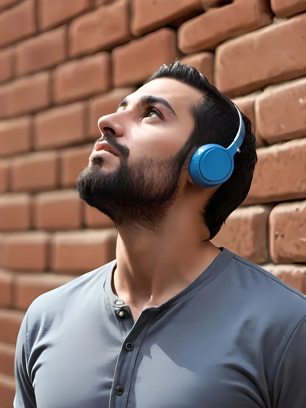 Prompt: a man with a beard and ear buds on his ears is looking up at something in the air with a brick wall behind him, Amir Zand, hurufiyya, product photo, a digital rendering