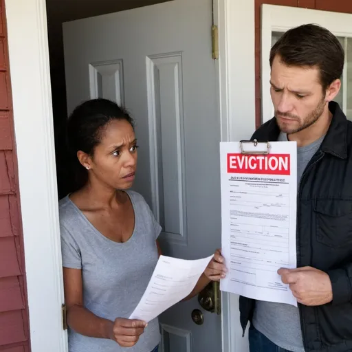 Prompt: couple looking at an eviction notice on their door
