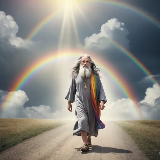 Prompt: Wise man,Grey long hair and beard, walking on a rainbow to heaven,finding a treasure