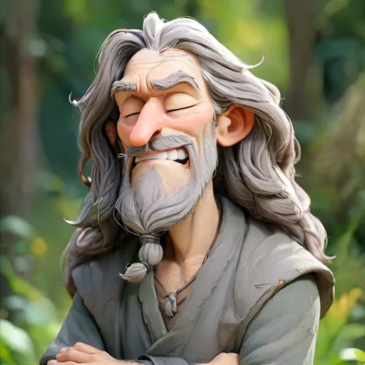 Prompt: Happy  and relaxed Man with grey long hair and beard. Meditate. Nature. God wisdom