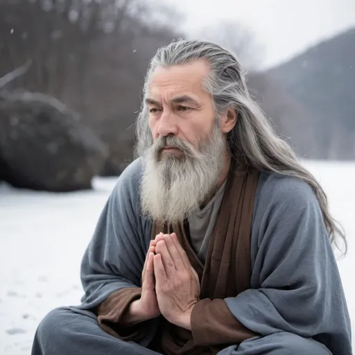 Prompt: Wise man ,winter landscape,  meditate,Grey long hair and beard