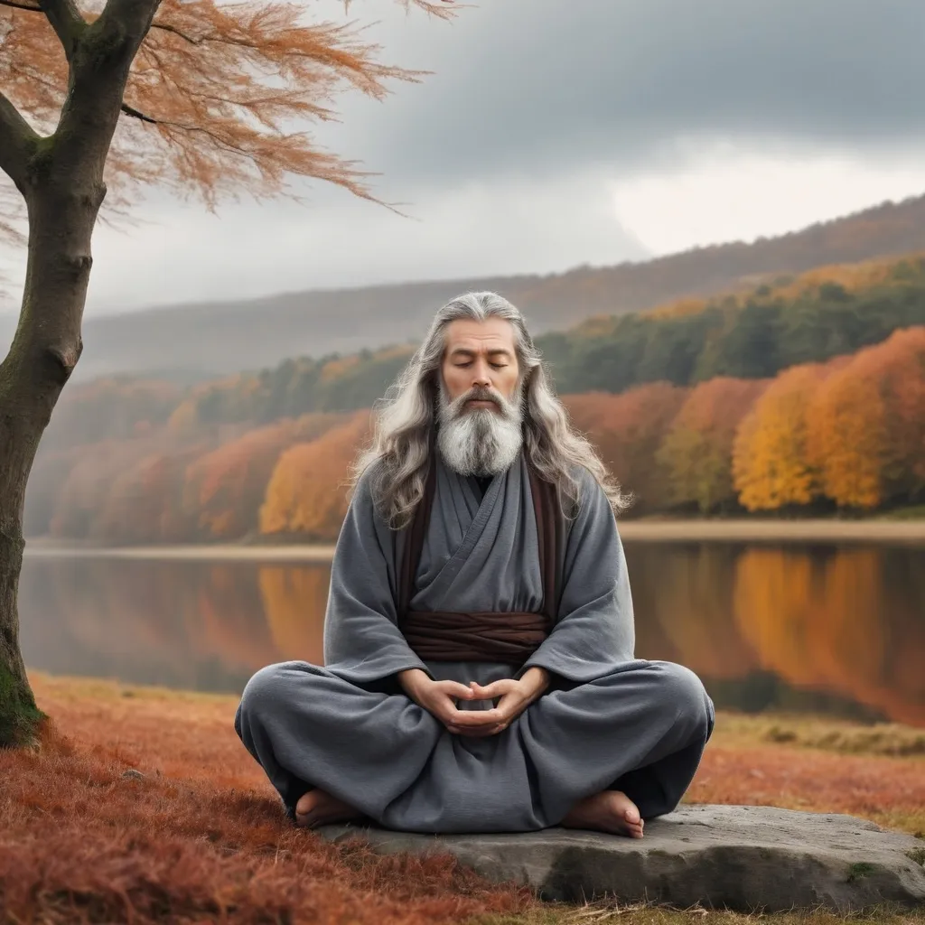 Prompt: Wise man ,autumn landscape,  meditate,Grey long hair and beard