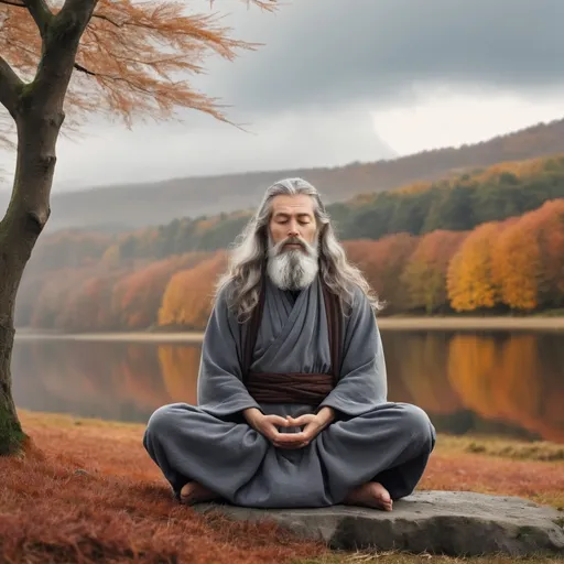 Prompt: Wise man ,autumn landscape,  meditate,Grey long hair and beard