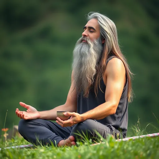 Prompt: Laidback Man with grey long hair and beard, meditate. In love with earth. Lightworker. Relaxed.