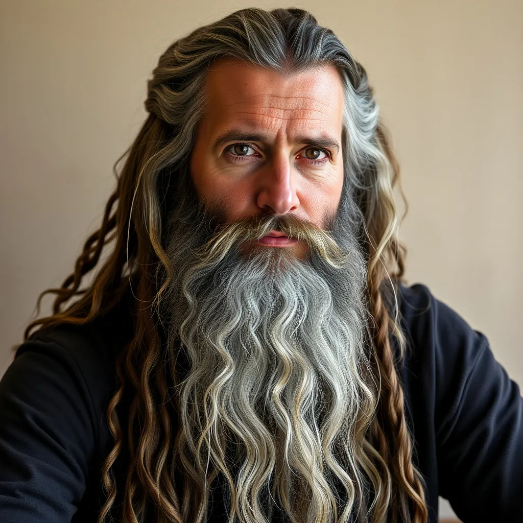 Prompt: Laidback Man with grey long hair and beard. Lightworker. Work for peace and love in world. Human and animal saver