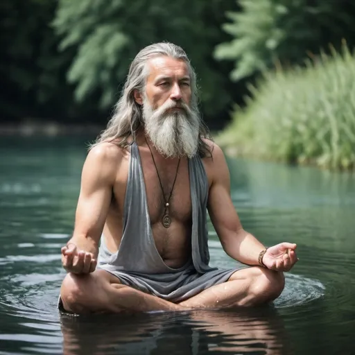 Prompt: Wise man ,summer landscape,  meditate,Grey long hair and beard, swimming, water,peace ,love