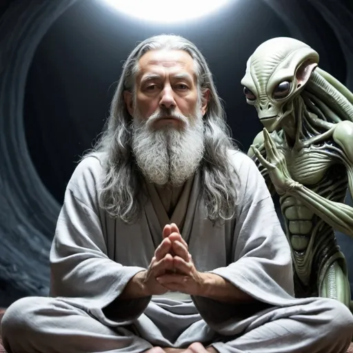 Prompt: Wise man,Grey long hair and beard, and alien, they meditate together