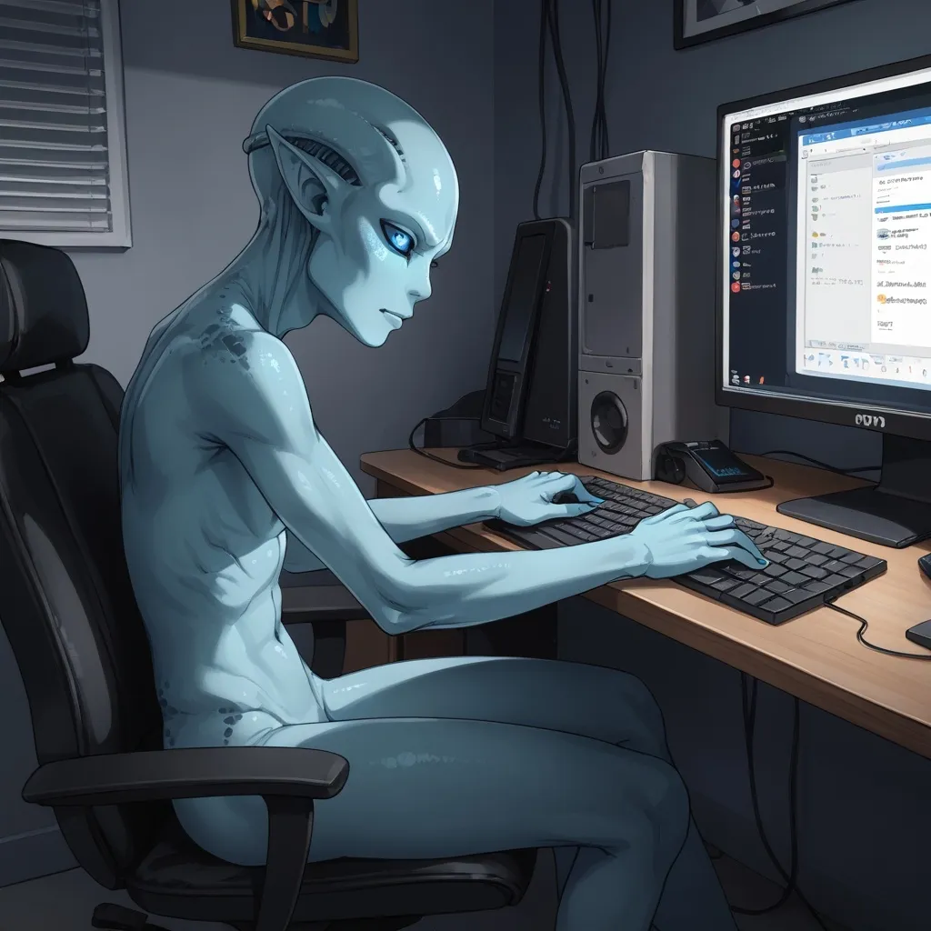 Prompt: An alien sitting in front of a computer