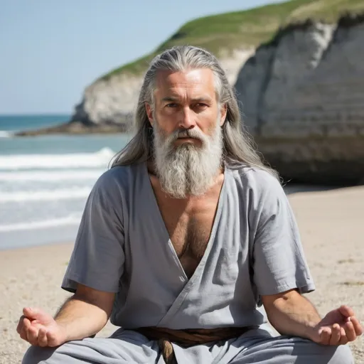 Prompt: Wise man ,summer landscape,  meditate,Grey long hair and beard, beach