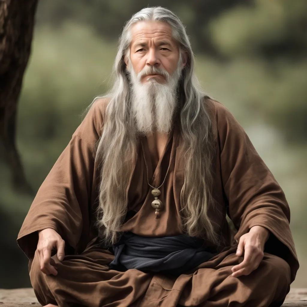 Prompt: Wise man,long Grey hair and beard, meditate,wisdom, Brown dress, laidback relaxed,