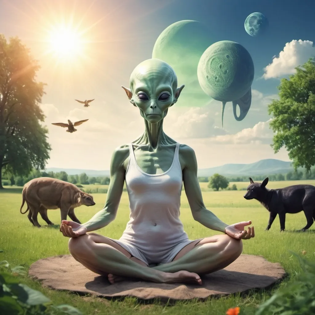 Prompt: Woman alien, meditate,summer landscape, peace,love,animals