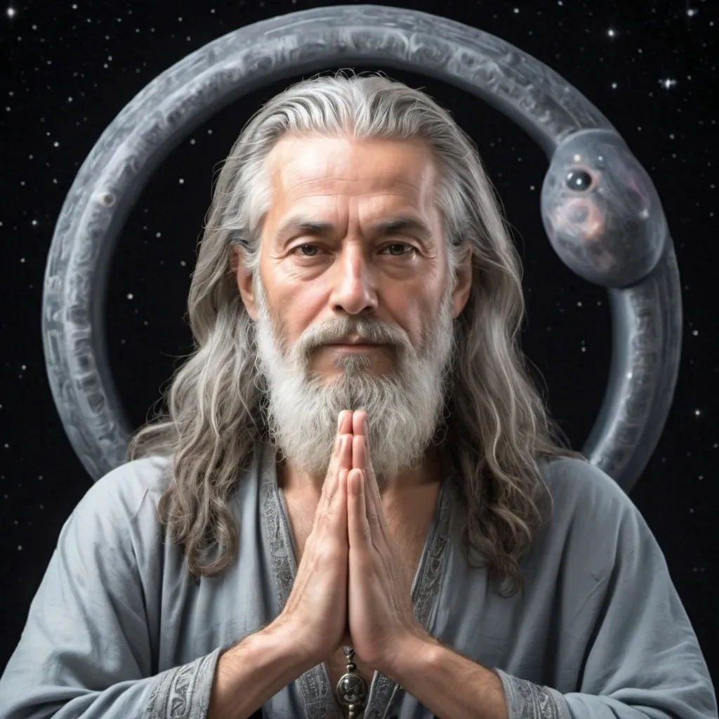 Prompt: Wise man,Grey long hair and beard, meditate with peace and love, aliens ,spaceship, human and aliens are friends