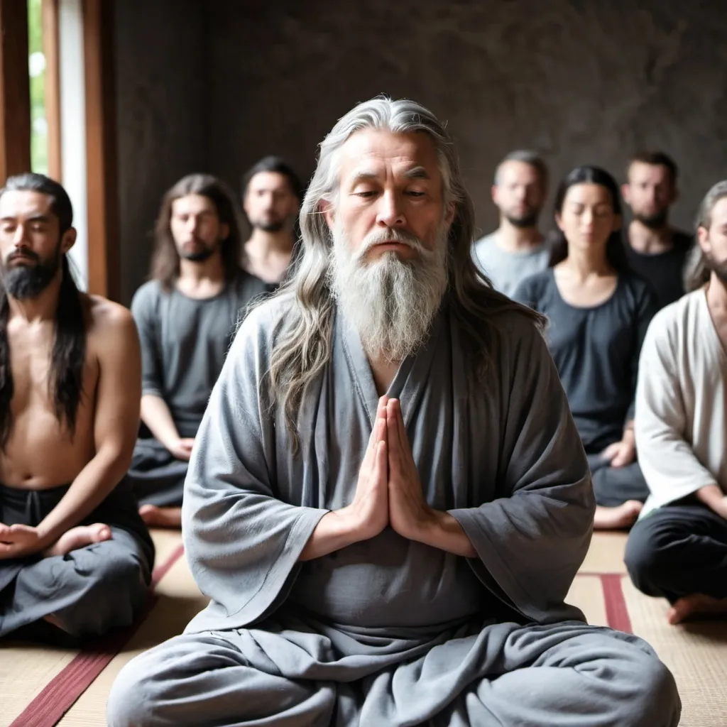 Prompt: Wise man,Grey long hair and beard, meditate inside with group of people