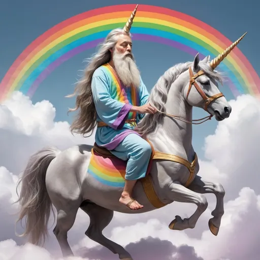 Prompt: Wise man,Grey long hair and beard, meditate riding an unicorn on a rainbow to dreamland