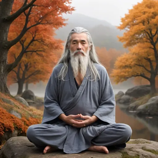 Prompt: Wise man, long Grey hair, meditate,autumn landscape