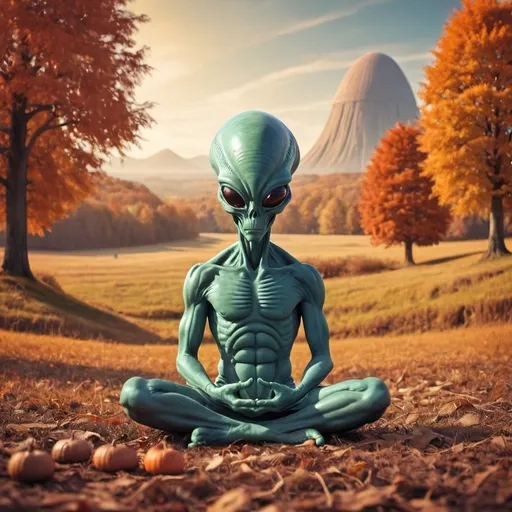 Prompt: Alien, meditate,autumn landscape, peace,love