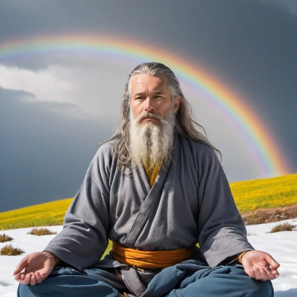 Prompt: Wise man,Grey long hair and beard, meditate in a rainbow landscape, nature,sun,rain,snow, all weather elements are meeting like this is god connect everyone