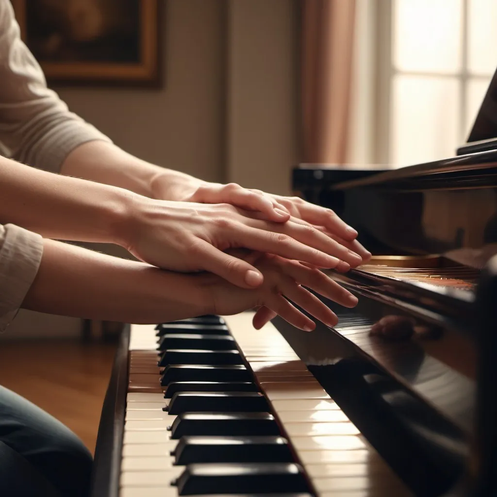 Prompt: We can see two hands from two lover. Their hand is on piano keyboard across. I want the picture in the style of cinestill 400 film.