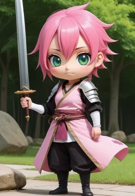 Prompt: make it an anime character, impersonate it 2d character pink haired with sword 