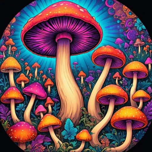 Prompt: Circle artwork, psychedelic mushrooms, vibrant colors, trippy 