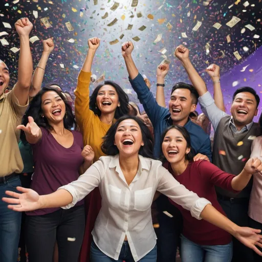 Prompt: The image features a diverse group of men and women of different races with  Chinese and Indian racial group, standing together with arms raised in celebration. Their faces are lit up with smiles of pure joy and excitement. They are surrounded by a flurry of money notes floating and flying around them, creating a sense of abundance and wealth. Some of the individuals are reaching out to grab the money, while others are simply reveling in the moment, laughing and cheering. The background could be a vibrant and energetic scene, perhaps with colorful lights or confetti raining down, adding to the festive atmosphere. Overall, the image captures the elation and happiness of a group of lottery winners experiencing the thrill of their newfound fortune. 