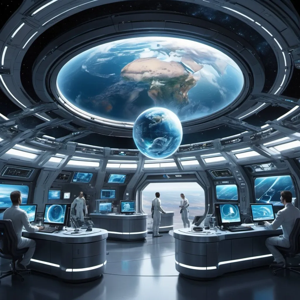 Prompt: "A futuristic space station orbiting Earth, with sleek, modern architecture and advanced technology visible. The station should have large windows showcasing a breathtaking view of the blue planet below. Inside, people are seen working with holographic displays and advanced computers, symbolizing innovation and technological prowess."