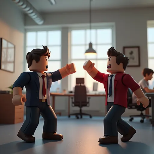Prompt: roblox characters fighting in a office