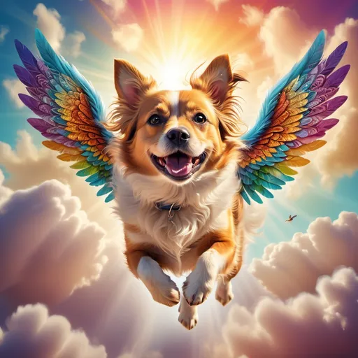 Prompt: (fantasy concept of a dog flying with wings), vibrant colors, whimsical and magical atmosphere, fluffy cloud background, stunning sunlight illuminating the dog’s fur, detailed wings with intricate patterns, joyful expression on the dog’s face, ultra-detailed, high definition, (playful and adventurous) mood, delightful scenery evoking wonder and excitement.