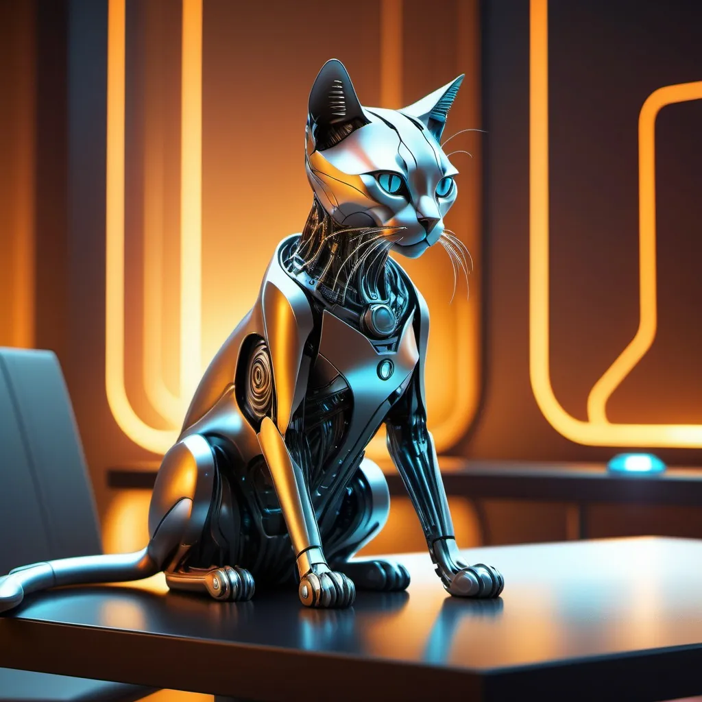 Prompt: futuristic-cybernetic cat sitting on a table, (sharp metallic details), (warm color scheme), glowing accents, soft lighting, sleek textures, modern table design, ambient background with virtual screens, sci-fi elements, ultra-detailed, high definition, imaginative setting, playful atmosphere, captivating and dynamic composition.