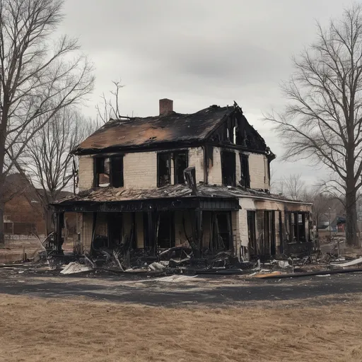 Prompt: burned down house around Christmas time, some decorations, in a town with a barren yard