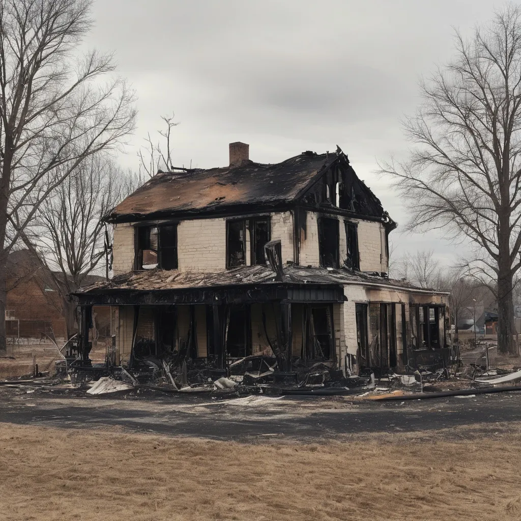 Prompt: burned down house around Christmas time, some decorations, in a town with a barren yard