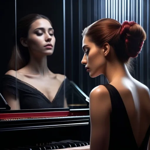 Prompt: A dramatic and mysterious image featuring a young woman seen from behind, sitting in front of a transparent glass piano. She wears a black evening gown closed back with no sleeves, and her hazel-brown hair is tied back in a ponytail. The scene is dark and moody, with a cinematic and noir aesthetic. Around her, ghostly grayscale faces of other characters appear, their eyes closed, displaying deep emotions of guilt and sorrow. Each face is softly illuminated with a deep red glow, blending into the dark background.
The characters include: a beautiful blonde woman with delicate features, a mischievous-looking young woman with black hair, a handsome Egyptian man with tanned skin, and a middle-aged man with an Italian-like appearance in his mid-forties. Their faces remain desaturated in grayscale, contrasting against the only fully colored figure of the young woman.
Young woman’s presence is emphasized with dark yet rich, dramatic tones, making her the central focus of the image. The transparent glass piano reflects the dim red light, adding an ethereal and melancholic touch to the composition. The background consists of various shades of black, enhancing the sense of depth, mystery, and emotional intensity. The image should be as much realistic as possible 