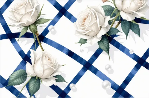 Prompt: lattice geometric pattern  with blue lines on a white background with a simple clean lines minimalistic water paint  aesthetic and white roses  and pearls