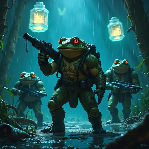 Prompt: "A squad of battle-hardened toad commandos infiltrating a bioluminescent fairy stronghold under cover of darkness. Leader Wartley, a scarred veteran with a cybernetic eye, signals to his team with webbed fingers as he grips a hemlock-dart launcher. Beside him, a hulking toad enforcer named Gulch disables a glowing Nectar ward with a glass cutter, his mottled camo skin dripping swamp water. In the shadows, a wiry scout called Brackish silently strangles a fairy sentry with garrote wire made from dragonfly tendons. The background reveals floating crystal vaults filled with pulsating fairy dust canisters, their reflections shimmering in the marshwater below. Dark neon-fantasy lighting, cinematic tension, rain-slick textures, and MGS-inspired tactical vibes."

### Key Details:
- Wartley: Cybernetic left eye flickering with targeting data, teal toxin sacs bulging under his chin
- Gulch: Infamous 'Bogfist' gauntlets, reinforced with leech teeth knuckles
- Brackish: Tail coiled around a throwing knife, gills flared for silent movement
- Background: Crimson Court fairies frozen mid-dance in Nectar-addled bliss, unaware of the incursion
- Loot: Glowing dust vials strapped to their belts, some leaking shimmering gold powder
- Lighting: Neon aqua and deep violet, with lens flare from distant fairy lanterns

Style References: Metal Gear Solid meets Dark Souls swamp levels, hyper-detailed, volumetric fog, 8k render.