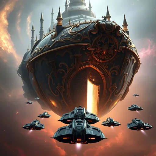 Prompt: "A group of sleek, futuristic ships from the Dune universe approaching and entering the massive, ornately styled Guild Navigator's ship. The Navigator's vessel is a colossal structure, designed with intricate baroque architecture, featuring lavishly detailed embellishments, flowing organic curves, and gilded motifs reminiscent of the opulent style in David Lynch's Dune. Its surface gleams with dark metallic hues accented by luminous gold filigree, and the hull is adorned with grand arches, elaborate carvings, and towering spires. The entryway to the ship is monumental, resembling an ornate door, glowing faintly with a mysterious light. The surrounding space is filled with a swirling haze of cosmic dust and vibrant colors, evoking a sense of awe and otherworldly grandeur. The scene captures the scale and majesty of this iconic moment, blending the futuristic elements of Dune with the lavish, dreamlike baroque aesthetic."