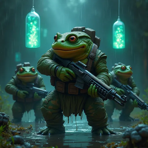 Prompt: "A squad of battle-hardened toad commandos on a mission under cover of darkness. Leader Wartley, a scarred veteran toad commander, signals to his team with webbed fingers as he grips a hemlock-dart launcher. Beside him, a hulking toad enforcer named Gulch disables a glowing Nectar ward with a glass cutter, his mottled camo skin dripping swamp water. In the shadows, a wiry scout called Brackish silently strangles a fairy sentry with garrote wire made from dragonfly tendons. The background reveals floating crystal vaults filled with pulsating fairy dust canisters, their reflections shimmering in the marshwater below. Dark neon-fantasy lighting, cinematic tension, rain-slick textures, and MGS-inspired tactical vibes."

### Key Details:
- Wartley: Cybernetic left eye flickering with targeting data, teal toxin sacs bulging under his chin
- Gulch: Infamous 'Bogfist' gauntlets, reinforced with leech teeth knuckles
- Brackish: Tail coiled around a throwing knife, gills flared for silent movement
- Background: Crimson Court fairies frozen mid-dance in Nectar-addled bliss, unaware of the incursion
- Loot: Glowing dust vials strapped to their belts, some leaking shimmering gold powder
- Lighting: Neon aqua and deep violet, with lens flare from distant fairy lanterns

Style References: Metal Gear Solid meets Dark Souls swamp levels, hyper-detailed, volumetric fog, 8k render.