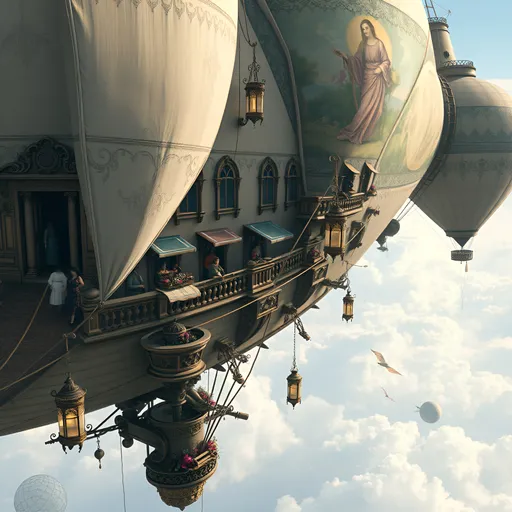 Prompt: "A sprawling blimp with hundreds of occupants, adorned with ornate flourishes, and gilded trims. It is a mixture of steampunk and baroque styling. The ship itself, though rustic and handmade, incorporates touches of elegance: curving, hand-carved wooden railings, intricately filigreed metal accents, and faded but beautifully detailed frescoes painted on the sides of its cabins. The balloons are a mix of grand, tapestry-like fabrics in soft pastel hues, stitched together with visible care, and they sway gently as they lift the ship. Narrow, uneven wooden walkways and rope bridges connect the ship's many precariously perched sections, while delicate lanterns with curved, ornate frames dangle and sway in the breeze. Vibrant signs of life fill the scene: laundry in jewel-toned silks and linens hangs from carved balconies, small potted gardens bloom with roses and herbs, and open windows reveal cozy interiors with weathered but elegant furniture. Residents bustle carefully across platforms. The entire airship exudes a sense of adventurous beauty, as it drifts against a backdrop of glowing skies and distant, rolling landscapes below."