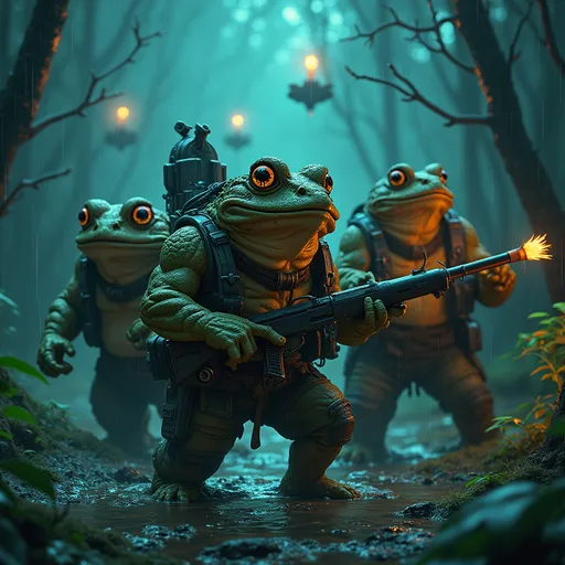 Prompt: "A squad of battle-hardened toad commandos on a mission under cover of darkness. Leader Wartley, a scarred veteran toad commander, signals to his team with webbed fingers as he grips a hemlock-dart launcher. Beside him, a hulking toad enforcer named Gulch disables a glowing Nectar ward with a glass cutter, his mottled camo skin dripping swamp water. In the shadows, a wiry scout called Brackish silently strangles a fairy sentry with garrote wire made from dragonfly tendons. The background reveals floating crystal vaults filled with pulsating fairy dust canisters, their reflections shimmering in the marshwater below. Dark neon-fantasy lighting, cinematic tension, rain-slick textures, and MGS-inspired tactical vibes."

### Key Details:
- Wartley: Cybernetic left eye flickering with targeting data, teal toxin sacs bulging under his chin
- Gulch: Infamous 'Bogfist' gauntlets, reinforced with leech teeth knuckles
- Brackish: Tail coiled around a throwing knife, gills flared for silent movement
- Background: Crimson Court fairies frozen mid-dance in Nectar-addled bliss, unaware of the incursion
- Loot: Glowing dust vials strapped to their belts, some leaking shimmering gold powder
- Lighting: Neon aqua and deep violet, with lens flare from distant fairy lanterns

Style References: Metal Gear Solid meets Dark Souls swamp levels, hyper-detailed, volumetric fog, 8k render.