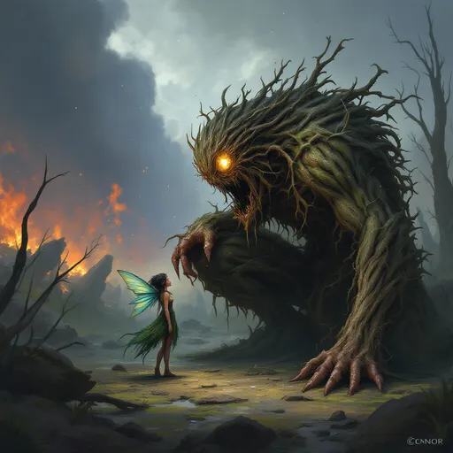 Prompt: Scene Description:
"A towering, monstrous Wretchling (Connor) crouches in the ruins of a marshland battlefield, his body a tangled mass of gnarled roots, exposed muscle, and flickering Leechwort veins. Despite his terrifying form, his posture is hesitant—almost tender—as he reaches a single clawed hand toward a tiny, battered fairy (Chichi). She stands defiantly on a half-sunken log, her once-vibrant wings torn but still faintly glowing, her teal eyes locked onto his with equal parts grief and recognition. Bioluminescent pollen drifts between them like mist, illuminating the moment in pale gold and bruised purple. Behind them, the swamp smolders—a war just ended, a future uncertain."

### Character Details:
- Wretchling Connor:
- Twisted, bark-like skin splitting to reveal sinew and glowing green sap
- One remaining human eye (soft brown) amidst the rot, brimming with emotion
- Claws half-retracted, careful not to harm her
- Chichi:
- Tattered dress woven from swamp reeds and old fabric scraps
- One wing hanging limp, the other fluttering weakly
- Held in her arms: a tiny, makeshift spyglass—Connor’s old button lens

### Atmosphere & Lighting:
- Color Palette: Deep emerald shadows, smoldering amber highlights, ethereal glow
- Lighting: Dappled moonlight breaking through the canopy, reflecting off the marshwater
- Emotion: Raw reunion—monster and survivor, fear and love tangled together.

### Style Inspiration:
- Dark fantasy realism (Witcher 3 meets Hollow Knight)
- Cinematic depth of field (blurred, war-torn background)
- Hyper-detailed textures (moss, scars, decaying fabrics)