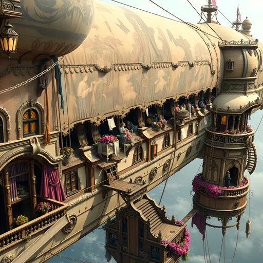 Prompt: "A sprawling blimp with hundreds of occupants, adorned with ornate flourishes, and gilded trims. It is a mixture of steampunk and baroque styling. The ship itself, though rustic and handmade, incorporates touches of elegance: curving, hand-carved wooden railings, intricately filigreed metal accents, and faded but beautifully detailed frescoes painted on the sides of its cabins. The balloons are a mix of grand, tapestry-like fabrics in soft pastel hues, stitched together with visible care, and they sway gently as they lift the ship. Narrow, uneven wooden walkways and rope bridges connect the ship's many precariously perched sections, while delicate lanterns with curved, ornate frames dangle and sway in the breeze. Vibrant signs of life fill the scene: laundry in jewel-toned silks and linens hangs from carved balconies, small potted gardens bloom with roses and herbs, and open windows reveal cozy interiors with weathered but elegant furniture. Residents bustle carefully across platforms. The entire airship exudes a sense of adventurous beauty, as it drifts against a backdrop of glowing skies and distant, rolling landscapes below."