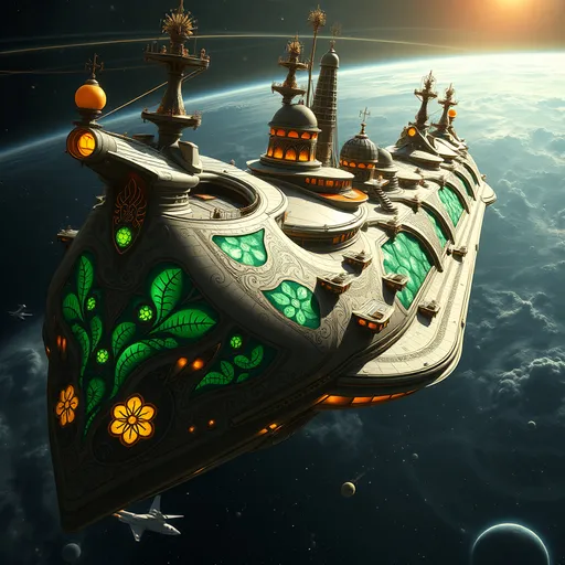 Prompt: "Use the style of Larry Niven, A colossal art nouveau-inspired battleship soaring majestically through the cosmos, housing tens of thousands of people within its vast, intricately designed structure. The ship’s exterior is a masterpiece of flowing, organic lines and nature-inspired motifs, with a hull shaped like an elegant, sweeping sculpture. Its surface is adorned with intricate, vine-like filigree and large panels of glowing, stained-glass-style artwork in hues of emerald, sapphire, and gold, depicting abstract patterns of celestial and natural forms. Massive, curvilinear spires and domed structures rise from the ship, blending seamlessly with its aerodynamic contours.
The battleship's weapon systems are subtly integrated into its design, appearing as ornate, floral-like extensions that exude both grace and power. Towering observation decks and balconies with arched railings overlook the expanse of space, their intricate carvings reflecting art nouveau’s harmony with nature. Soft golden lights illuminate the ship, casting a warm glow that contrasts with its immense size and martial purpose.
Inside, the ship accommodates its vast population in grand, cathedral-like halls with sweeping staircases, detailed ironwork, and vibrant, mosaic-like floors. Expansive gardens and arboretums thrive under artificial skylights, adding a sense of life and balance to this mobile city of art and war. Propelled by a seamless blend of advanced technology and artistic craftsmanship, the battleship emanates an aura of elegance and unyielding strength as it moves through the starry void, a true testament to the fusion of beauty and might."