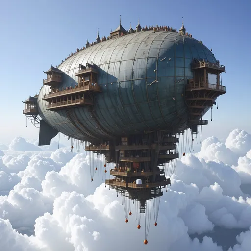 Prompt: "A colossal blimp, so massive it houses thousands of people, floats majestically in the radiant sunshine, high among soft, glowing clouds. The enormous balloon, covered in tightly woven netting, serves as the foundation for a sprawling airborne city. The dwellings are packed closely against the blimp's surface, forming several stacked floors and decks that hug the balloon’s vast curvature. These living quarters are crafted from richly decorated tenting, oriental-style rugs, and cascading tapestries, creating a mesmerizing tapestry of colors and patterns. Balconies and platforms jut out at various levels, offering residents places to gather, work, or simply enjoy the stunning views. Laundry hangs in abundance, draped over ropes and railings, fluttering brightly in the breeze, adding life and movement to the scene. Walkways, ladders, and suspended bridges connect the various levels, showing how residents navigate this enormous structure with ease and ingenuity. Narrow staircases and rope systems provide access to the higher decks, while pulley-operated baskets and lifts hint at how goods and supplies are transported across this airborne community. Small signs of daily life are everywhere: more laundry strung between balconies, potted plants lining the walkways, children playing on tiny enclosed platforms, and residents chatting as they move between their tightly clustered homes. The vastness of the blimp is emphasized by its endless array of dwellings, each intricately decorated and glowing warmly in the sunlight. The blimp’s vibrant, medieval-oriental aesthetic makes it appear like a floating palace in the sky, a testament to human creativity and adaptability in this boundless airborne world."