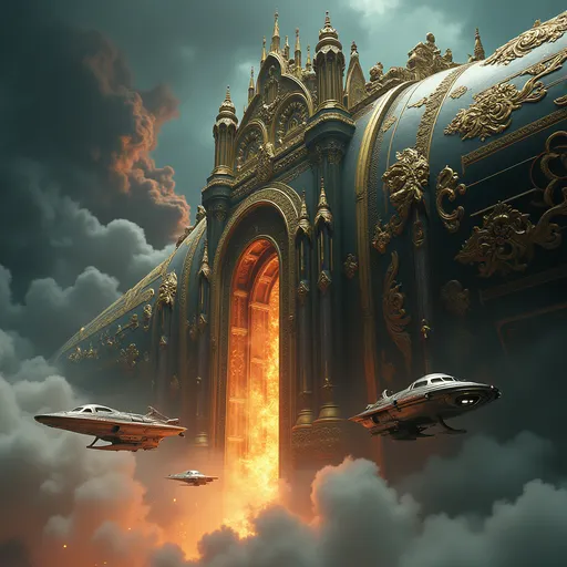 Prompt: "A group of sleek, futuristic ships from the Dune universe approaching and entering the massive, ornately styled Guild Navigator's ship. The Navigator's vessel is a colossal structure, designed with intricate baroque architecture, featuring lavishly detailed embellishments, flowing organic curves, and gilded motifs reminiscent of the opulent style in David Lynch's Dune. Its surface gleams with dark metallic hues accented by luminous gold filigree, and the hull is adorned with grand arches, elaborate carvings, and towering spires. The entryway to the ship is monumental, resembling a cathedral's portal, glowing faintly with a mysterious light. The surrounding space is filled with a swirling haze of cosmic dust and vibrant colors, evoking a sense of awe and otherworldly grandeur. The scene captures the scale and majesty of this iconic moment, blending the futuristic elements of Dune with the lavish, dreamlike baroque aesthetic."