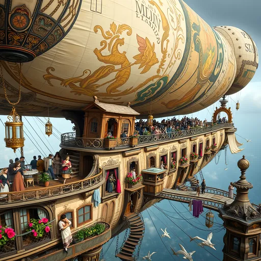 Prompt: "A sprawling blimp with hundreds of occupants, adorned with ornate flourishes, and gilded trims. It is a mixture of steampunk and baroque styling. The ship itself, though rustic and handmade, incorporates touches of elegance: curving, hand-carved wooden railings, intricately filigreed metal accents, and faded but beautifully detailed frescoes painted on the sides of its cabins. The balloons are a mix of grand, tapestry-like fabrics in soft pastel hues, stitched together with visible care, and they sway gently as they lift the ship. Narrow, uneven wooden walkways and rope bridges connect the ship's many precariously perched sections, while delicate lanterns with curved, ornate frames dangle and sway in the breeze. Vibrant signs of life fill the scene: laundry in jewel-toned silks and linens hangs from carved balconies, small potted gardens bloom with roses and herbs, and open windows reveal cozy interiors with weathered but elegant furniture. Residents bustle carefully across platforms. The entire airship exudes a sense of adventurous beauty, as it drifts against a backdrop of glowing skies and distant, rolling landscapes below."