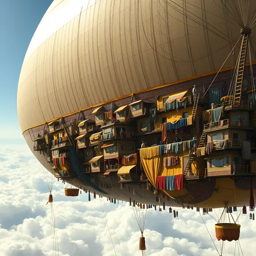 Prompt: "A colossal blimp, so massive it houses thousands of people, floats majestically in the radiant sunshine, high among soft, glowing clouds. The enormous balloon, covered in tightly woven netting, serves as the foundation for a sprawling airborne city. The dwellings are packed closely against the blimp's surface, forming several stacked floors and decks that hug the balloon’s vast curvature. These living quarters are crafted from richly decorated tenting, oriental-style rugs, and cascading tapestries, creating a mesmerizing tapestry of colors and patterns.
Balconies and platforms jut out at various levels, offering residents places to gather, work, or simply enjoy the stunning views. Laundry hangs in abundance, draped over ropes and railings, fluttering brightly in the breeze, adding life and movement to the scene. Walkways, ladders, and suspended bridges connect the various levels, showing how residents navigate this enormous structure with ease and ingenuity. Narrow staircases and rope systems provide access to the higher decks, while pulley-operated baskets and lifts hint at how goods and supplies are transported across this airborne community.
Small signs of daily life are everywhere: more laundry strung between balconies, potted plants lining the walkways, children playing on tiny enclosed platforms, and residents chatting as they move between their tightly clustered homes. The vastness of the blimp is emphasized by its endless array of dwellings, each intricately decorated and glowing warmly in the sunlight. The blimp’s vibrant, medieval-oriental aesthetic makes it appear like a floating palace in the sky, a testament to human creativity and adaptability in this boundless airborne world."